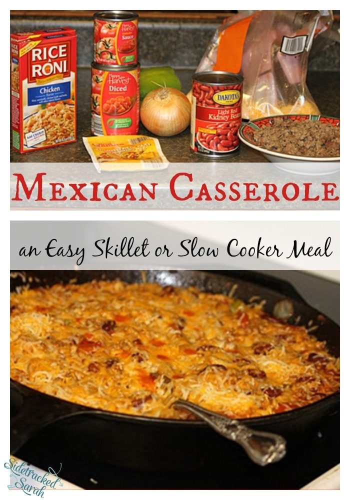 This Mexican Casserole is so quick and easy! My kids never complain when I fix it either! It works for the slow cooker or the skillet! 